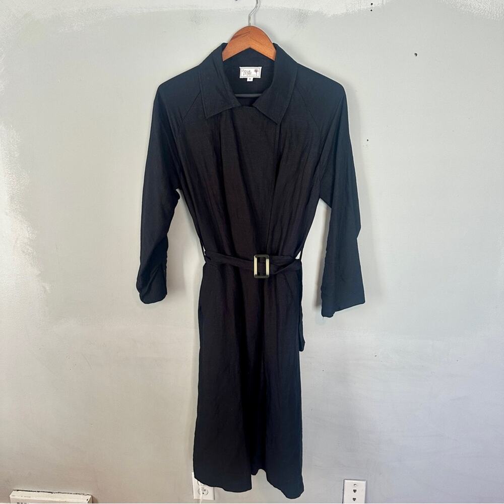 Mille Black Viscose Linen Blend Belted Duster Trench Coat Medium